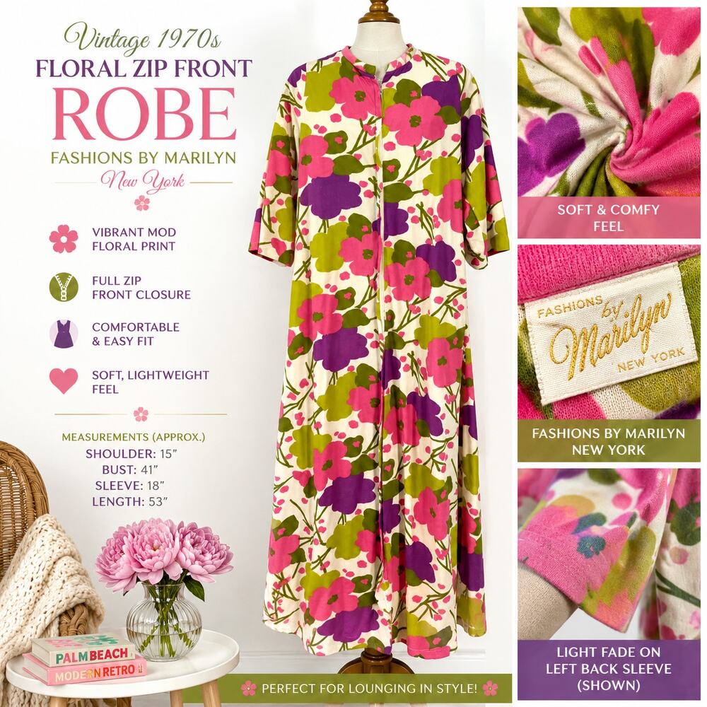 Vintage 1970s Fashions by Marilyn NY Floral Zip Front Hostess Robe House Dress